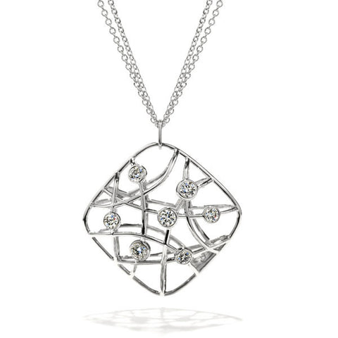 Hearts on Fire Brocade Large Square Pendant 18K White Gold on 32 Inch Double Chain With 1.11 Carats Total Diamonds