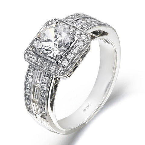 Simon G. 18K White Gold Engagement Ring With 0.35 Carat Round And 0.35 Carat Baguette Diamonds.